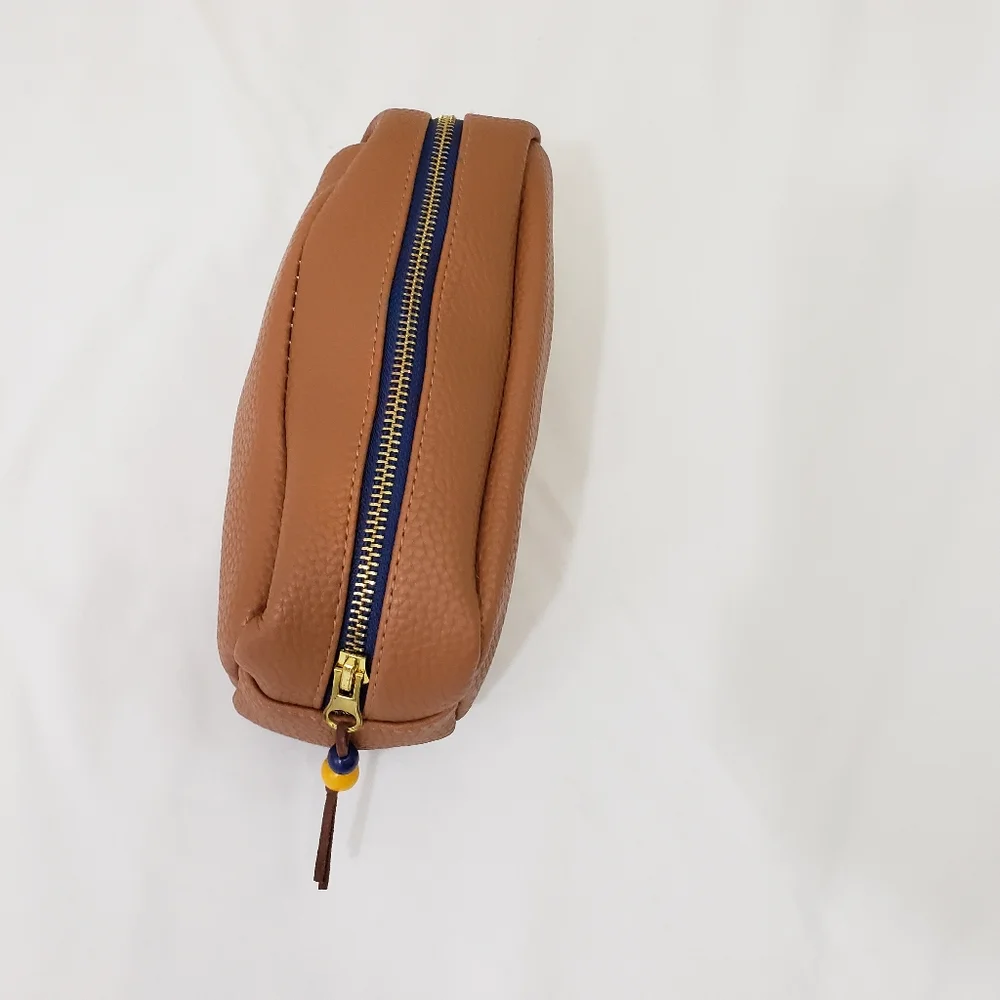 Faux Leather Tan Cognac Zippered Pouch Pencil Case Makeup Bag